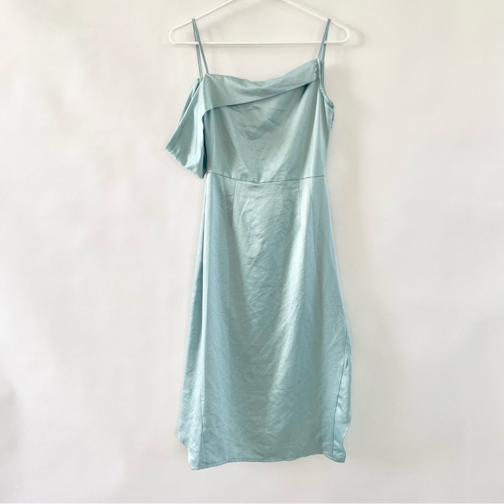 NWT Missguided Satin One Shoulder Asymmetric Ruched Side Midi Dress Blue 2 - Picture 9 of 16